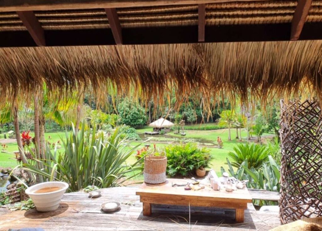 Looking out at a garden from a Bali thatched roof hut.