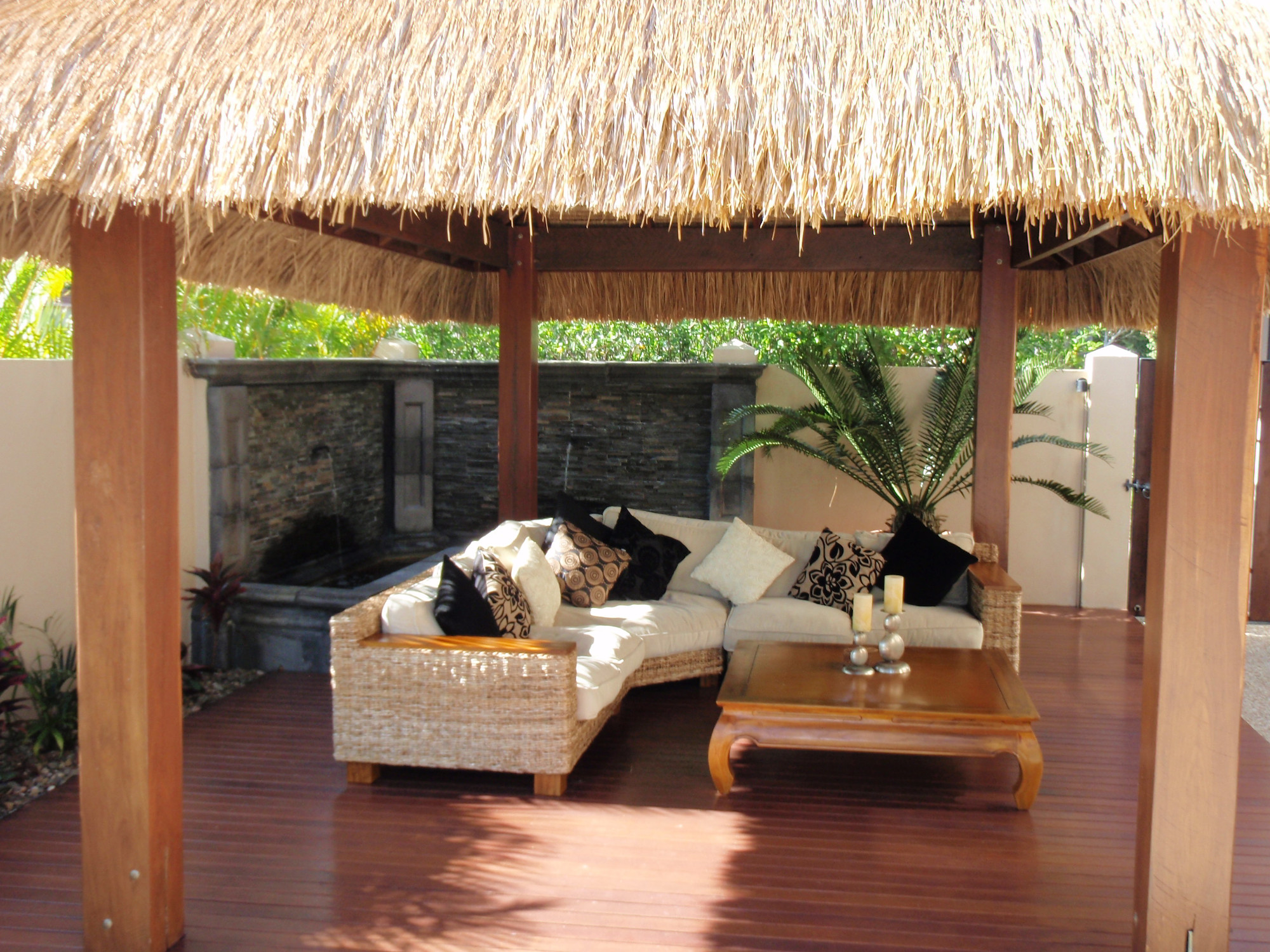 Bali thatched roof over an outdoor seating area