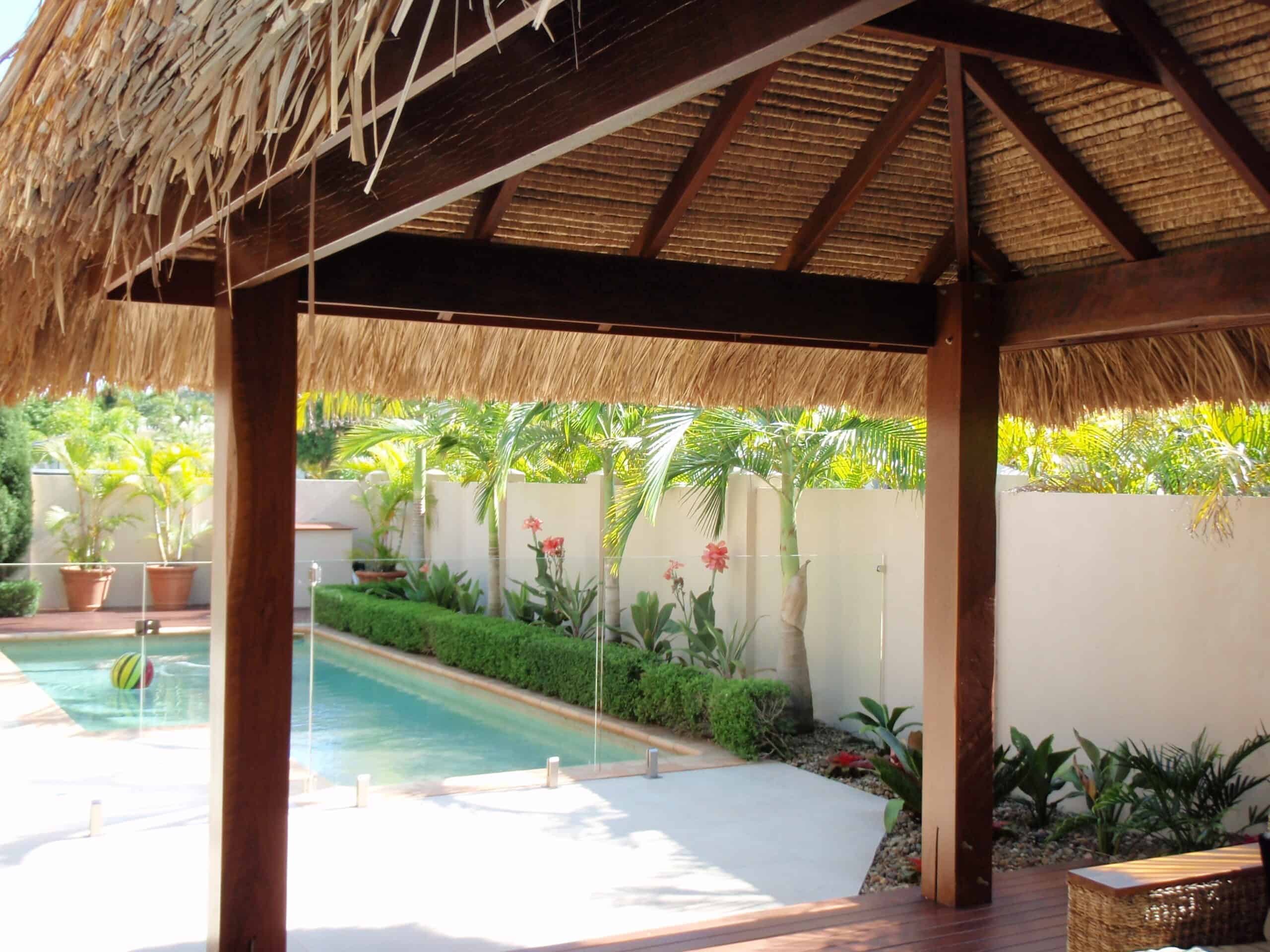 Bali hut with artificial thatch roofing sunshine coast pool area